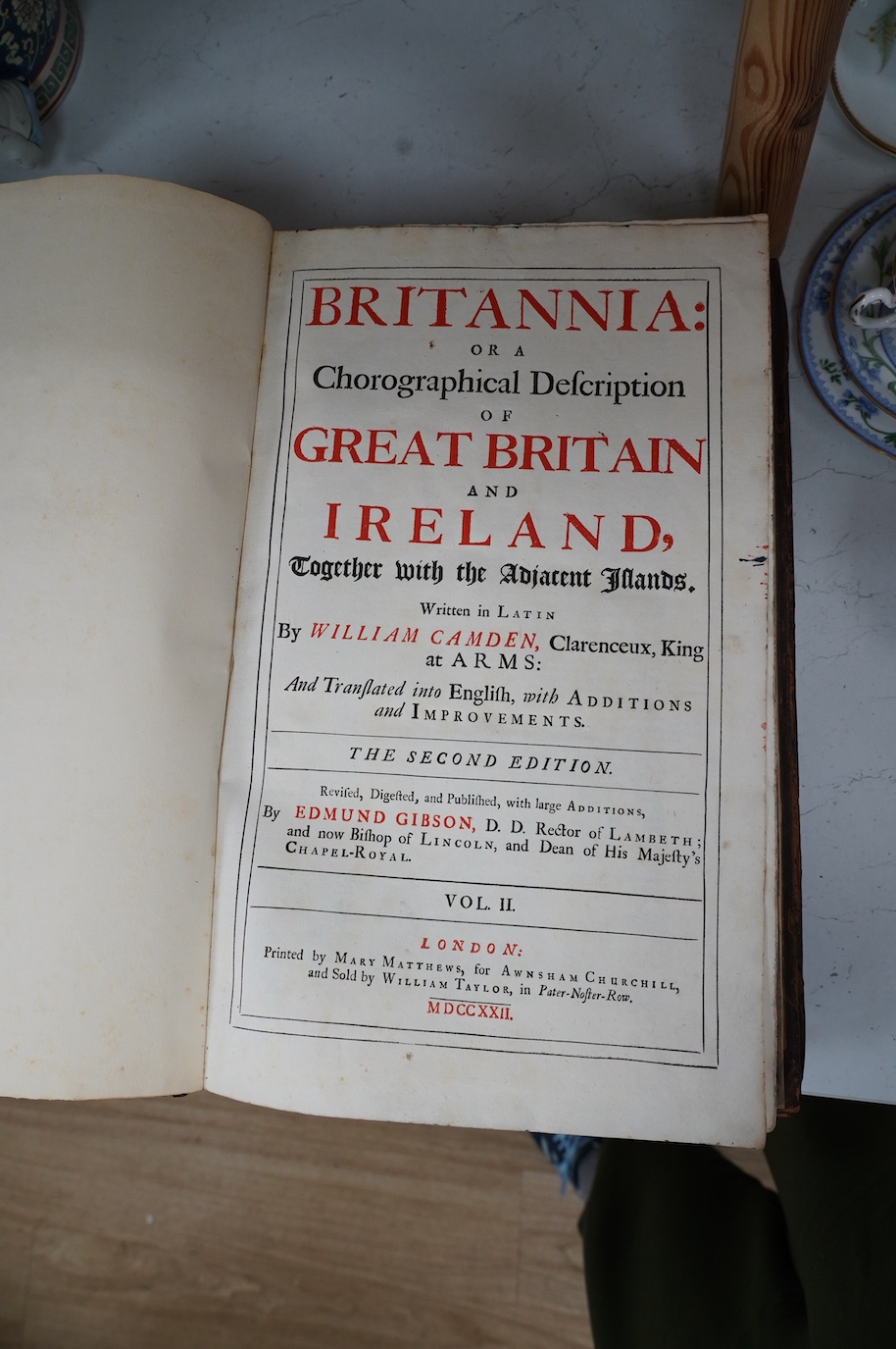 Camden, William-Britannia: or a Chorographical Description of Great Britain and Ireland... 2nd edition, revised ... with large additions, by Edmund Gibson. 2 vols. portrait frontis., some engraved plates (without the map